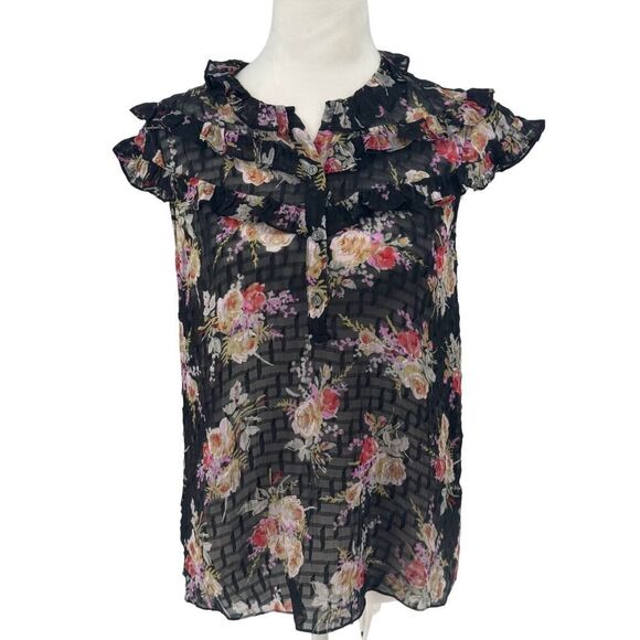 Rebecca Taylor Black Floral Ruffle Sleeveless Top Size 4 Silk Cotton Designer - Picture 1 of 10